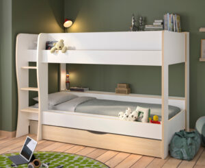 Roomy Κουκέτα παιδική με 2 μονά κρεβάτια, αποθηκευτικό συρτάρι & σκάλα , 209X130X145εκ. Λευκό / Light Oak