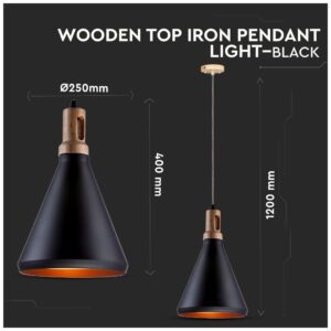Κρεμαστό Φωτιστικό V-TAC Μεταλλικό Καπέλο Κώνος Μαύρο με Ξύλινη Βάση και ντουί Ε27 Φ250 3762
