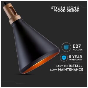 Κρεμαστό Φωτιστικό V-TAC Μεταλλικό Καπέλο Κώνος Μαύρο με Ξύλινη Βάση και ντουί Ε27 Φ250 3762