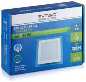V-TAC LED panel χωνευτό 12W 6400K Ψυχρό λευκό Τετράγωνο γυάλινο