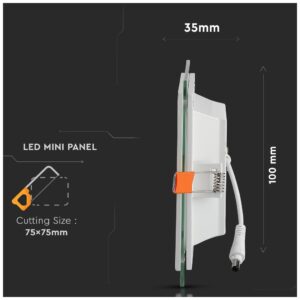 V-TAC LED panel χωνευτό 12W 6400K Ψυχρό λευκό Τετράγωνο γυάλινο