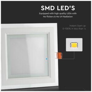 V-TAC LED panel χωνευτό 12W 3000K Θερμό λευκό Τετράγωνο γυάλινο