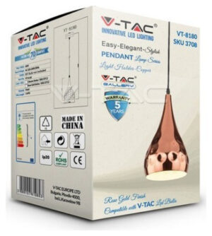 Κρεμαστό Φωτιστικό V-TAC Μεταλλικό Χρώμα Rose Gold Χαλκού με ντουί Ε27 Φ180 3708
