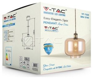 Κρεμαστό Φωτιστικό V-TAC Γυαλί Ρετρό Amber με ντουί Ε27 Φ250mm 3740