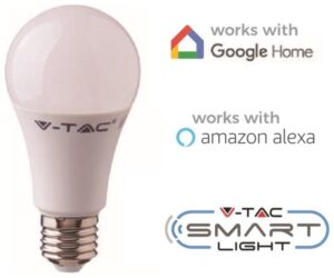 LED V-TAC Έξυπνη Λάμπα E27 9W A60 RGB+ Ψυχρό Λευκό 6000Κ Ντιμαριζόμενη Συμβατή με Amazon Alexa και Google Home