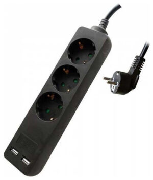 V-TAC Πολύμπριζο Σούκο Μαύρο 3 Θέσεων με 1,5m Καλώδιο 3×1,5mm και 2 Θύρες USB 8776