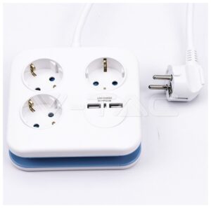 V-TAC Πολύπριζο Σούκο Τετράγωνο με καλώδιο 1.4m με 3 Θέσεις Σούκο και 2 USB 8799