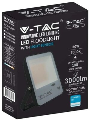 Προβολέας LED με αισθητήρα φωτός 30W φυσικό λευκό 4000K Μαύρο σώμα 100LM/W