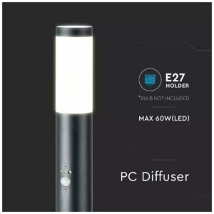 V-TAC Επιδαπέδιο Φωτιστικό Κήπου Κολωνάκι E27 60cm 100° Στρογγυλό Αδιάβροχο IP44 με Αισθητήρα Κίνησης και 2 Πρίζες Ανοξείδωτο Ατσάλι Γκρι Σώμα 8976