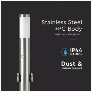 V-TAC Επιδαπέδιο Φωτιστικό Κήπου Κολωνάκι E27 60cm 100° Στρογγυλό Αδιάβροχο IP44 με Αισθητήρα Κίνησης και 2 Πρίζες Ανοξείδωτο Ατσάλι Σατινέ Νίκελ Σώμα 8977