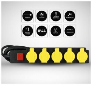 V-TAC Πολύπριζο Σούκο 5 Θέσεων με Καπάκια Αδιάβροχο IP44 3m Καλώδιο και Διακόπτη Μαύρο-Κίτρινο 8813
