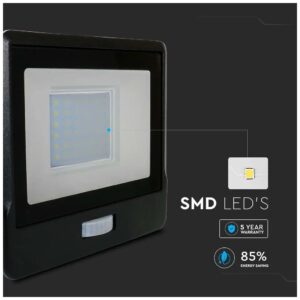 V-TAC Προβολέας LED Samsung chip 50W Ψυχρό λευκό 65000K Μαύρο σώμα με ανιχνευτή και απευθείας σύνδεση 20267