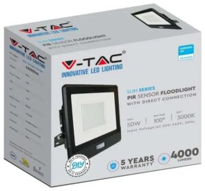 V-TAC Προβολέας LED Samsung chip 50W Θερμό λευκό 3000K Μαύρο σώμα με ανιχνευτή και απευθείας σύνδεση 20265