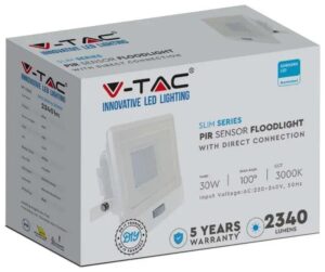 V-TAC Προβολέας LED Samsung chip 30W Φυσικό λευκό 4000K Λευκό σώμα με ανιχνευτή και απευθείας σύνδεση 20275