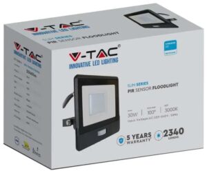 V-TAC Προβολέας LED Samsung chip 30W Θερμό λευκό 3000K Μαύρο σώμα με ανιχνευτή 1m καλώδιο 20286