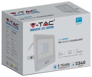 V-TAC Προβολέας LED Samsung chip 30W Θερμό λευκό 3000K Λευκό σώμα με ανιχνευτή 1m καλώδιο 20298