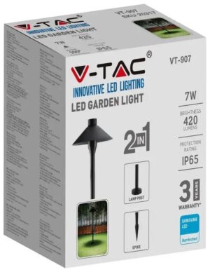 V-TAC LED αδιάβροχο φωτιστικό καρφί Samsung chip 7W IP65 300K Θερμό λευκό με μαύρο σώμα 20316