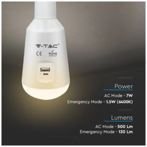 V-TAC Φορητός & επαναφορτιζόμενος ηλιακός λαμπτήρας E27 3 σε 1 με ηλιακό πάνελ και θύρα USB 2857