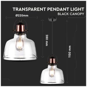 Μονόφωτο κρεμαστό φωτιστικό Γυαλί & μέταλλο με Διάφανο γυαλί σώμα V-TAC 3727