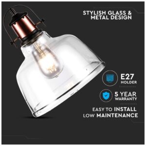 Μονόφωτο κρεμαστό φωτιστικό Γυαλί & μέταλλο με Διάφανο γυαλί σώμα V-TAC 3727