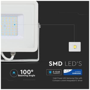 V-TAC Προβολέας LED Samsung chip 50W φυσικό λευκό 4000K λευκό σώμα 21410