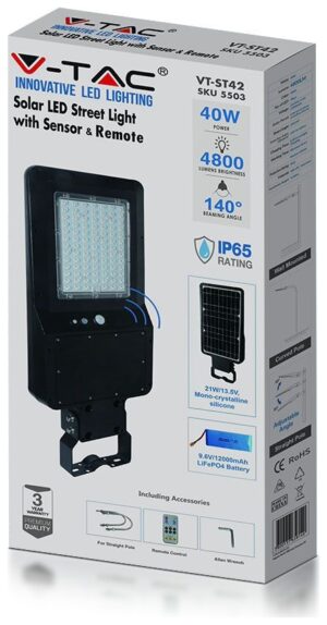 LED ηλιακό φωτιστικό δρόμου 40W (120lm/w) φυσικό λευκό 4000K μαύρο σώμα 5503