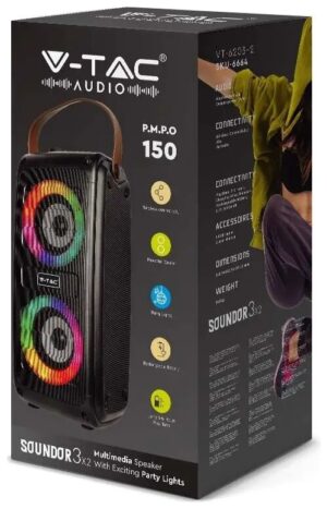 V-TAC Επαναφορτιζόμενο φορητό ηχείο 2x10W (2x3inch) 6664