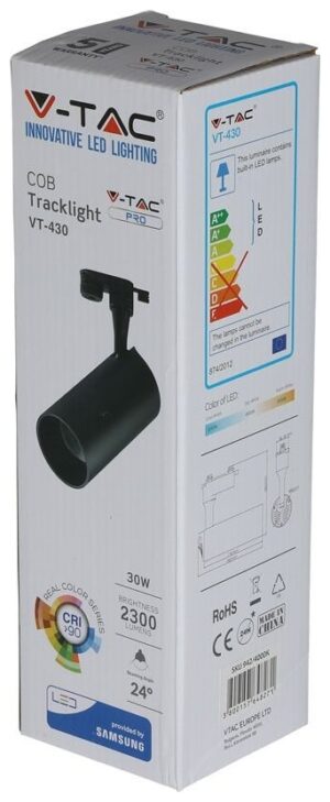 Φωτιστικό Ράγας V-TAC Track Light 30W LED Μαύρο SAMSUNG CHIP 5 Χρόνια Εγγύηση Φως Ημέρας 942