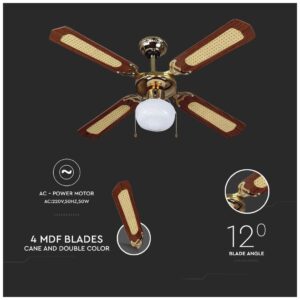 Ανεμιστήρας Οροφής V-TAC 50W με 4 πτερύγια μαζί με Φωτιστικό με Ντουί Ε27 Ρυθμιζόμενος 7914