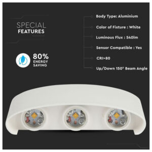V-TAC Απλίκα Τοίχου LED 5W 630lm 150° IP54 Up-Down Τριπλή Άσπρο Σώμα Φυσικό Λευκό 218614