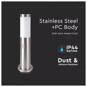 V-TAC Επιδαπέδιο Φωτιστικό Κήπου Κολωνάκι E27 45cm 100° Στρογγυλό Αδιάβροχο IP44 με Αισθητήρα Κίνησης Ανοξείδωτο Ατσάλι Σατινέ Νίκελ Σώμα 8964