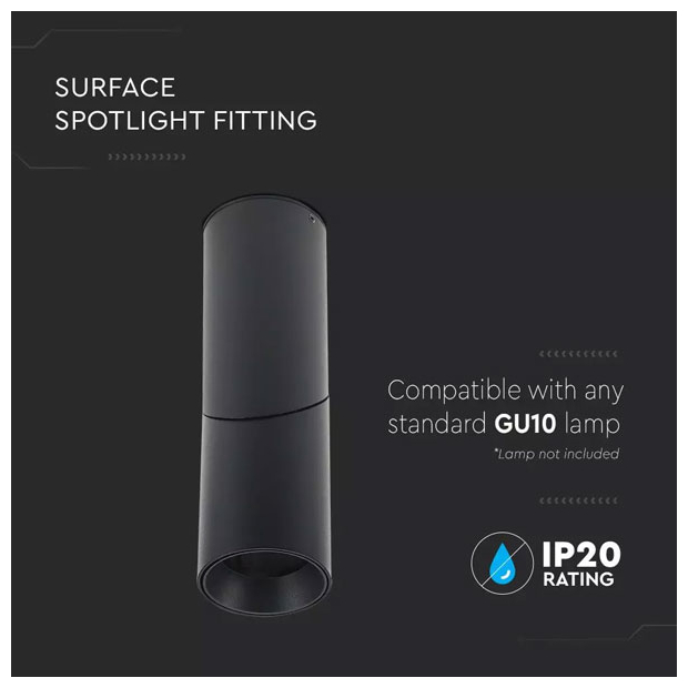 V-TAC Επιτοίχιο Φωτιστικό Σποτ για GU10 LED IP20 59.5x197mm Αλουμινίου Στρογγυλό Μαύρο Σώμα 8947
