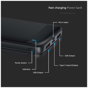 V-TAC 7833 Power Bank 10000mAh με Θύρα USB-A και Θύρα USB-C Μαύρο