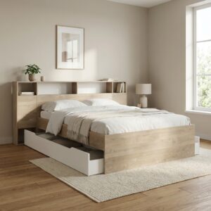 Solea κρεβάτι διπλό με 2 αποθηκευτικά συρτάρια & 2 πτυσσόμενα ράφια για κομοδίνα 214x214x97εκ. ( για στρώμα 140x190εκ. ) Blond Oak / Λευκό