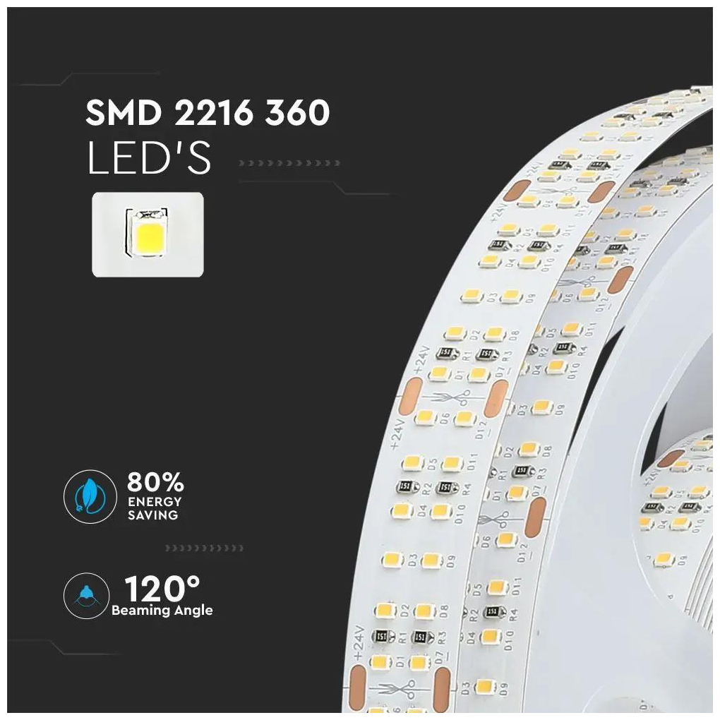 LED Ταινία V-TAC 24V 30W/m 360led/m smd 2216 Θερμό Λευκό CRI95+ 10Μ 2580