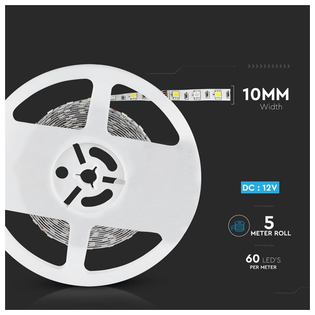 LED Ταινία V-TAC Αδιάβροχη IP65 24V 9W/m 60 smd 5050 Led/m Ψυχρό Λευκό 5Μ 2564