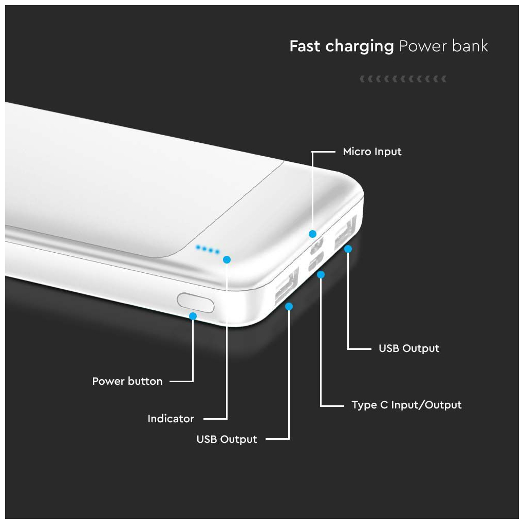 V-TAC 7834 Power Bank 10000mAh με Θύρα USB-A και Θύρα USB-C Λευκό