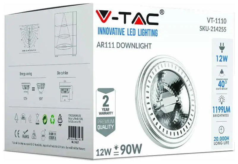 V-TAC Λάμπα LED Spot G53 AR111 COB 15W θερμό λευκό 3000K 40° αλουμίνιο σώμα 214257