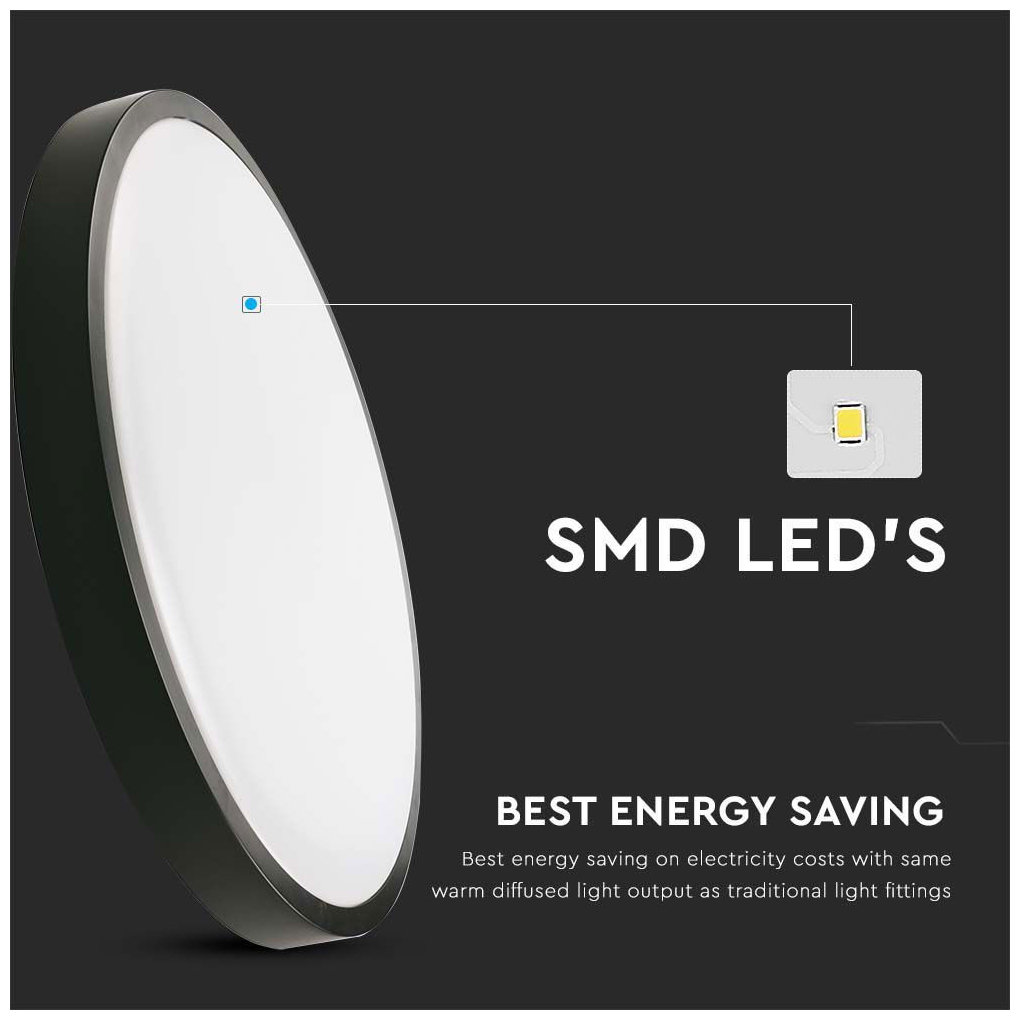 V-TAC Φωτιστικό LED Οροφής 24W 230V 360° 2400lm IP44 Ø295x55mm Στρογγυλό Ζεστό Λευκό Μαύρο Σώμα 7636