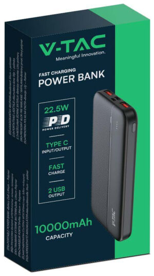 V-TAC Power Bank 10000mAh με Θύρα USB-A και Θύρα USB-C Μαύρο