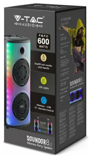 V-TAC Επαναφορτιζόμενο φορητό ηχείο 30W με ενσύρματο μικρόφωνο και χειρισμό RF (2*8inch) 7677