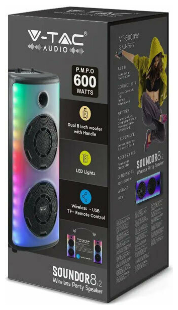 V-TAC Επαναφορτιζόμενο φορητό ηχείο 30W με ενσύρματο μικρόφωνο και χειρισμό RF (2*8inch) 7677