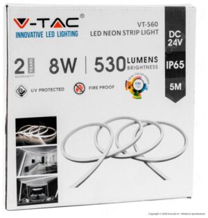 LED V-TAC SLIM NEON FLEX Silicon 24V 8W CRI >90 5m IP65 Θερμό Λευκό 2619