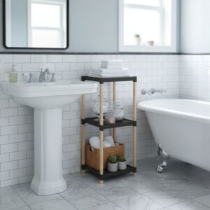 Ραφιέρα δαπέδου πλαστική - ξύλινη χρώμα φυσικό - μαύρο 28x25x72εκ.