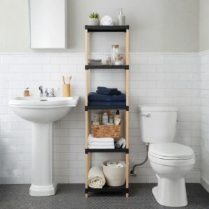 Ραφιέρα δαπέδου πλαστική - ξύλινη χρώμα φυσικό - μαύρο 28x25x137εκ.