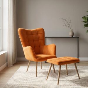 Πολυθρόνα - Μπερζέρα με υποπόδιο Lily Megapap κροκί βελούδο - μεταλλικό πόδι χρώμα φυσικό 70x62x98εκ.