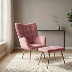 Πολυθρόνα - Μπερζέρα με υποπόδιο Lily Megapap σάπιο μήλο βελούδο - μεταλλικό πόδι χρώμα φυσικό 70x62x98εκ.