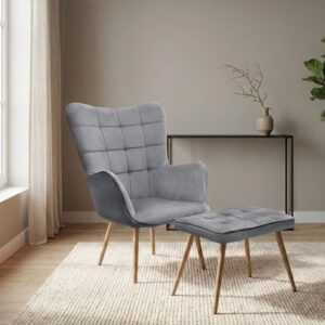 Πολυθρόνα - Μπερζέρα με υποπόδιο Lily Megapap γκρι βελούδο - μεταλλικό πόδι χρώμα φυσικό 70x62x98εκ.