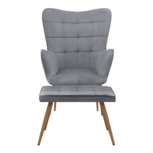 Πολυθρόνα - Μπερζέρα με υποπόδιο Lily Megapap γκρι βελούδο - μεταλλικό πόδι χρώμα φυσικό 70x62x98εκ.