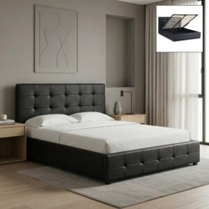 Κρεβάτι Iro Megapap από τεχνόδερμα με αποθηκευτικό χώρο χρώμα μαύρο 150x200εκ.